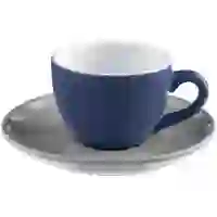 На картинке: Чайная пара Cozy Morning, синяя с серым на белом фоне