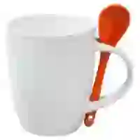 На картинке: Кружка с ложкой Cheer Up, белая с оранжевой на белом фоне