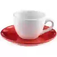 На картинке: Чайная пара Cozy Morning, белая с красным на белом фоне