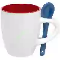 На картинке: Кофейная кружка Pairy с ложкой, красная с синей на белом фоне