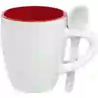 На картинке: Кофейная кружка Pairy с ложкой, красная с белой на белом фоне