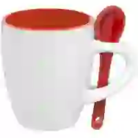 На картинке: Кофейная кружка Pairy с ложкой, оранжевая с красной на белом фоне