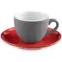 На картинке: Чайная пара Cozy Morning, серая с красным на белом фоне