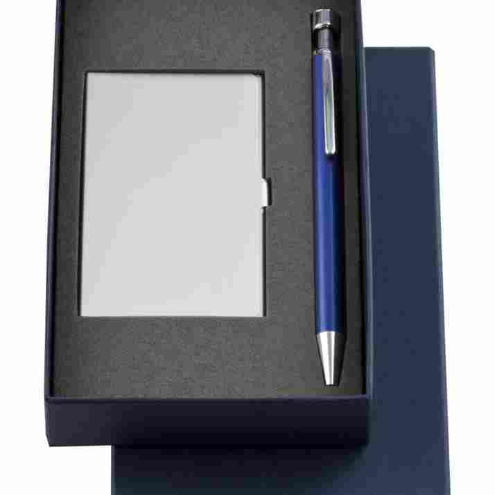 Набор Join: футляр для визиток и шариковая ручка, синий на белом фоне