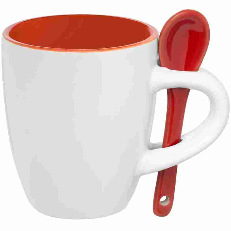 Кофейная кружка Pairy с ложкой, оранжевая с красной на белом фоне