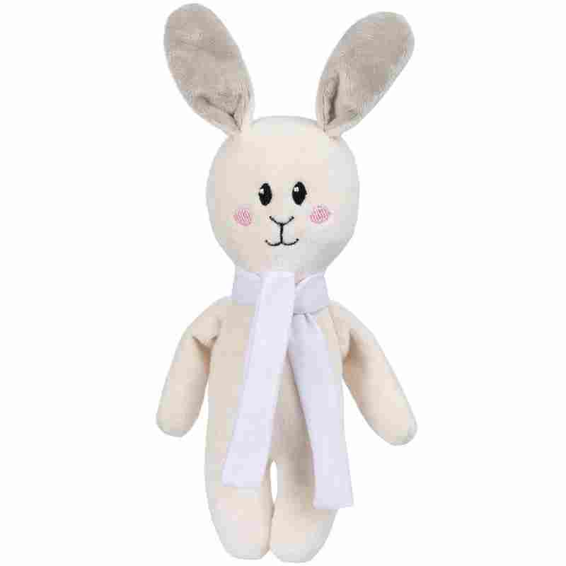 Мягкая игрушка Beastie Toys, заяц с белым шарфом на белом фоне